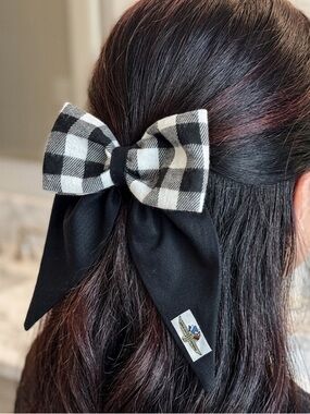 NEW The "Winner's Circle" Indy 500 Black & White Gingham Hair Bow Hair Tie